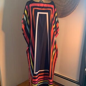 Bold Geometric Stripe Kaftan Dress in Navy, Coral & Yellow